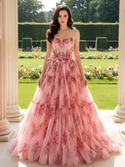 Strapless Floral Print Ruched Sweep Train Dress As Picture