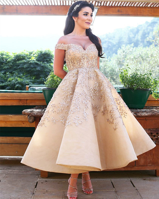 Tulle Off Shoulder Knee Length Evening Dresses Lace Appliques