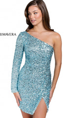 Faux-Wrap Beaded One-Sleeve Mini Party Dress 3860