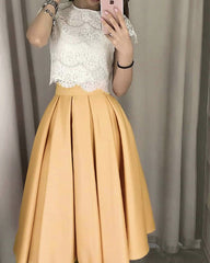 White Lace Crop Homecoming Dresses Two Piece Prom Dress Tea Length