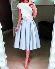 White Lace Crop Homecoming Dresses Two Piece Prom Dress Tea Length