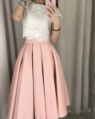White Lace Crop Homecoming Dresses Two Piece Prom Dress Tea Length