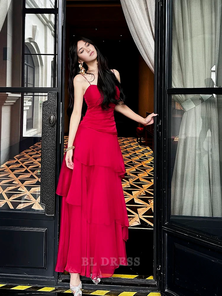 Sheath Spaghetti Straps Red Long formal dresses Bridesmaid Dresses evening gown Prom Dress