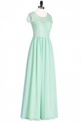 Salie groene kant en chiffon cap mouw a-line lange bruidsmeisje jurk