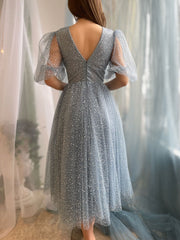 Aline Gray Blue Short Prom Dress, V Neck Blue Formal Cocktail Dress
