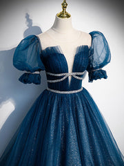 Dark blue tulle long prom dress,  blue tulle sweet 16 dress
