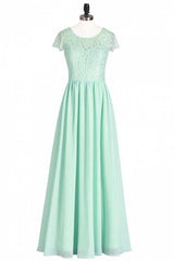 Salie groene kant en chiffon cap mouw a-line lange bruidsmeisje jurk