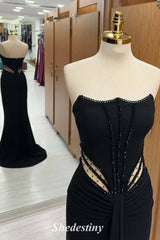 Mermaid Strapless Black Cutout Prom Dress with Rhinestone