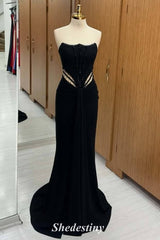 Mermaid Strapless Black Cutout Prom Dress with Rhinestone