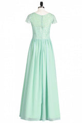 Salie groene kant en chiffon cap mouw a-line lange bruidsmeisje jurk