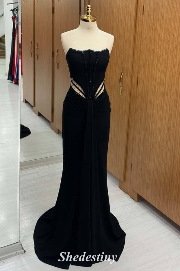 Mermaid Strapless Black Cutout Prom Dress with Rhinestone
