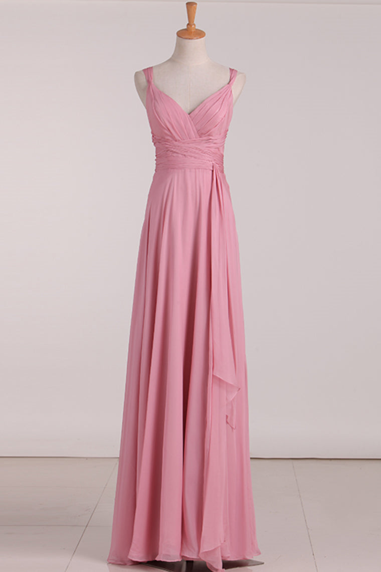 Roze v-hals veterlange bruidsmeisje jurk