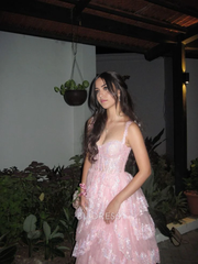 A-Line Appliques Pretty Pink Lace Tiered Long formal dresses Bridesmaid Dresses evening gown Prom Dress