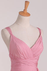 Roze v-hals veterlange bruidsmeisje jurk