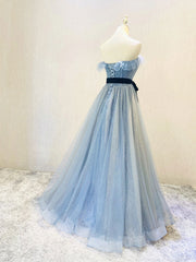 Blue tulle sequin long prom dress A line tulle blue formal dress