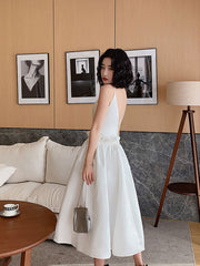White satin tea length prom dress, white evening dress
