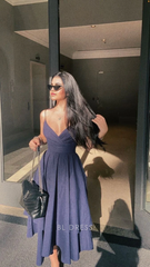 A Line Straps Satin Navy Blue formal dresses Bridesmaid Dresses evening gown Prom Dress