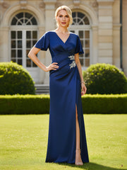 Flutter Sleeves V-neck Pleated Applique Empire Dress Navy Blue