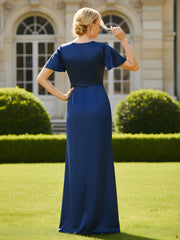 Flutter Sleeves V-neck Pleated Applique Empire Dress Navy Blue