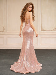 Sweetheart Neck Sequins Mermaid Dress With Slit Rose Gold