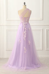 One Shoulder A-Line Tulle Lavender Prom Dress With Appliques Long
