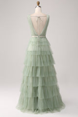 A-Line V Neck Tiered Floor Length Tulle Maxi Dress With Slit Prom Dresses