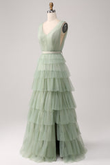 A-Line V Neck Tiered Floor Length Tulle Maxi Dress With Slit Prom Dresses