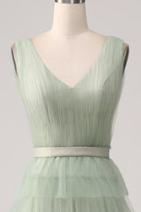 A-Line V Neck Tiered Floor Length Tulle Maxi Dress With Slit Prom Dresses