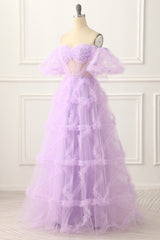 Off The Shoulder A-Line Tulle Lavender Prom Dress Long