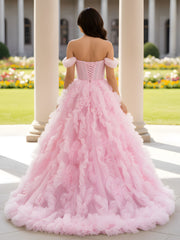 Sweetheart Off-the-shoulder Ruffle Ball Gown Sweep Train Blushing Pink
