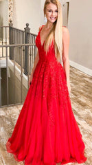 Red V-neck Leaf Lace Prom Dresses Long