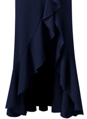 Dark Blue Womens Formal Spaghetti Strap Ruffles Split Mermaid Evening Prom Maxi Dress