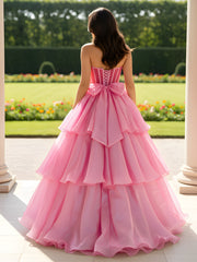 Ruched Strapless Tiered Ball Gown With Bowknots Pink
