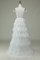 White A Line Off The Shoulder Tiered Tulle Long Wedding Dress Sexy