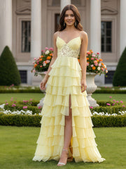 A-Line Lace V-neck Tiered Chiffon Dress With Slit Daffodil