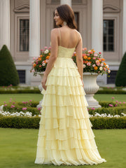 A-Line Lace V-neck Tiered Chiffon Dress With Slit Daffodil