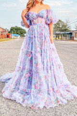 A Line Pink Green Flower Strapless Corset Tulle Long Prom Dress Off Shoulder