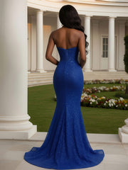 Strapless Beaded Applique Mermaid Sweep Train Gown Royal Blue