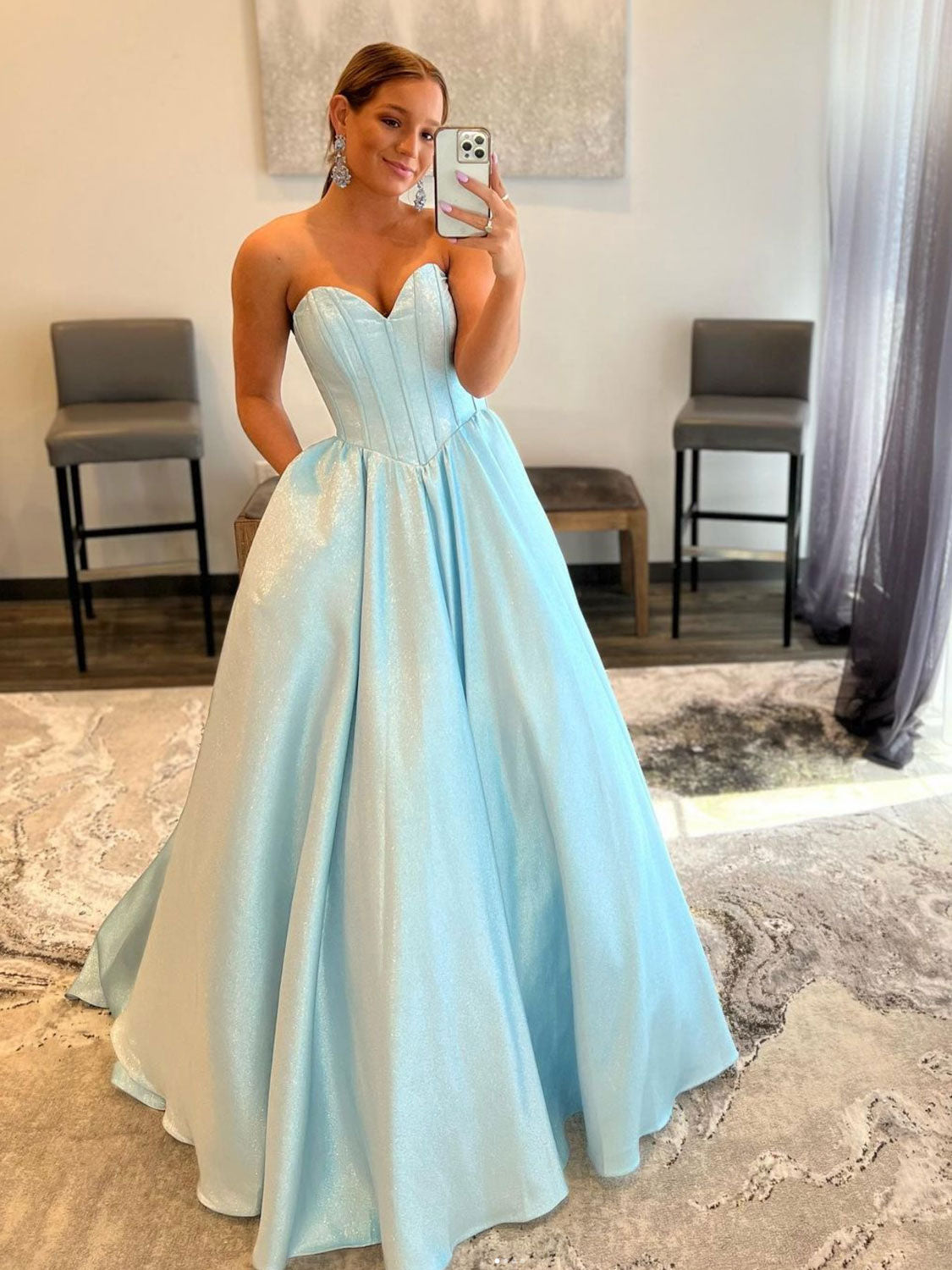 Blue sweetheart neck satin long prom dress, blue evening dress