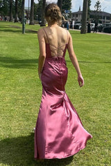 Teal Green Cowl Neck Ruched Lace-Up Long Prom Dress with Slit