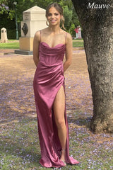Teal Green Cowl Neck Ruched Lace-Up Long Prom Dress with Slit