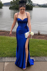 Teal Green Cowl Neck Ruched Lace-Up Long Prom Dress with Slit