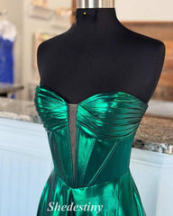 Metallic Plunging V-Neck Green Empire-Waist A-Line Prom Dress