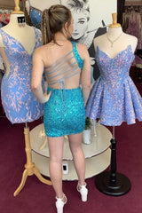 Fuchsia Sequin One-Shoulder Short Homecoming Dress with Fringe
