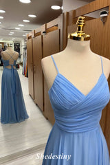 Spaghetti Straps Dusty Blue Pleated Surplice Corset A-Line Prom Dress