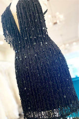 Black Fringes Halter Backless Short Party Dress