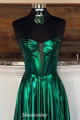 Metallic Plunging V-Neck Green Empire-Waist A-Line Prom Dress