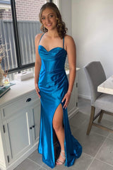 Teal Green Cowl Neck Ruched Lace-Up Long Prom Dress with Slit