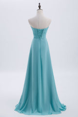 Lieverd turquoise geplooide chiffon a-line lange bruidsmeisje jurk