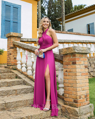 A Line Halter Chiffon formal dresses Bridesmaid Dresses evening gown Prom Dress with Slit